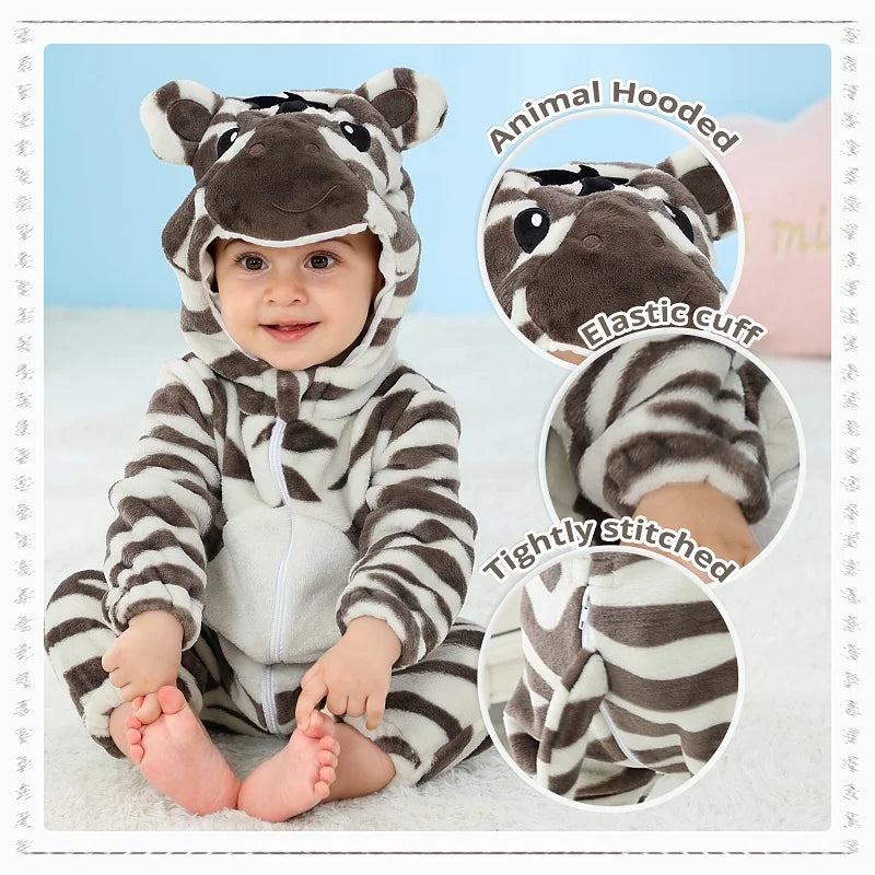 MICHLEY Halloween Baby Rompers Winter Kigurumi Hooded Flannel Toddler Infant Clothes Overall Bodysuits Jumpsuit Costume For Kid