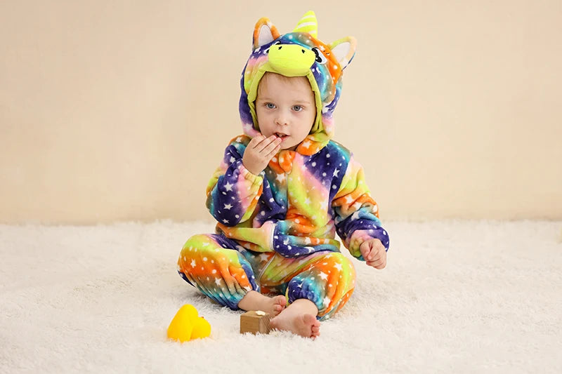 MICHLEY Halloween Baby Rompers Winter Kigurumi Hooded Flannel Toddler Infant Clothes Overall Bodysuits Jumpsuit Costume For Kid