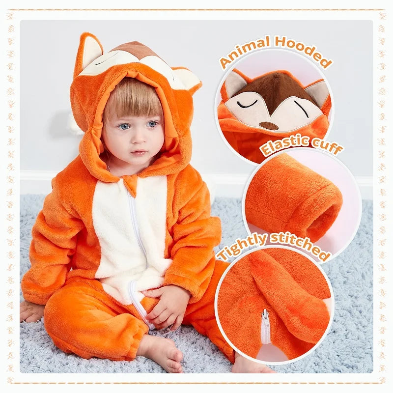 MICHLEY Halloween Baby Rompers Winter Kigurumi Hooded Flannel Toddler Infant Clothes Overall Bodysuits Jumpsuit Costume For Kid