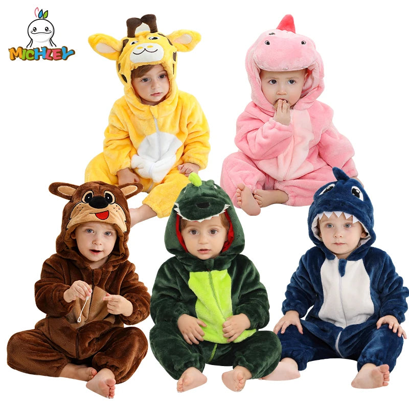 MICHLEY Halloween Baby Rompers Winter Kigurumi Hooded Flannel Toddler Infant Clothes Overall Bodysuits Jumpsuit Costume For Kid